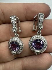 Sterling Silver 925 Judith Ripka Amethyst & CZ Gemstone Dangle Earrings 10g