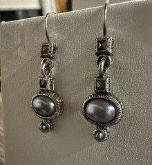 Vintage Signed LC Sterling Silver Gray Pearl Artisan DangleEarrings HandmadeBoho