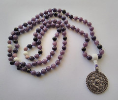 Mala 108 Beads, Lepidolite & Shungite Hand Knotted Mala Necklace with OM pendant