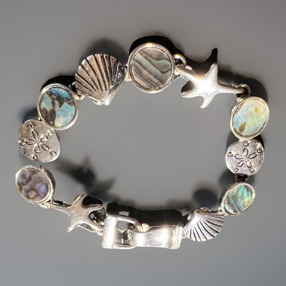 Star Fish, Sand Dollar, Seashell Bracelet Multi-Green Abalone Rhodium Plated-NEW