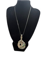 Abalone Paua Shell Pendant Necklace Wrapped Silver Tone Artisan Boho Statement