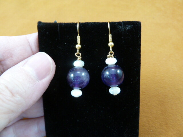 (EE473-106) white Mother of pearl + purple Amethyst gemstone dangle earrings