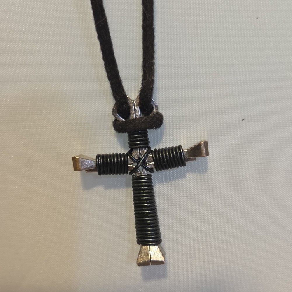 Metal Cross Pendant Necklace with Black Cord, Steel, Religious, Unisex