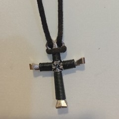 Metal Cross Pendant Necklace with Black Cord, Steel, Religious, Unisex