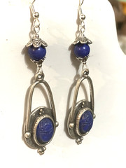 NEW ITEM* HANDCRAFTED EGYPT CARVED VTG. LAPIS SCARAB EARRINGS-NEW-.925 EAR WIRES