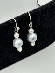 Lt. Blue And White Shell Pearl Dangle Earrings, White Gold Plated