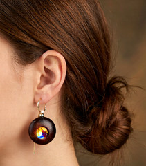 Handmade fused glass dangle earrings brown glass iridescent dichroic center