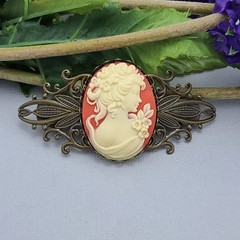 Vintage Cameo Lady with Flowers Hair Barrette.
