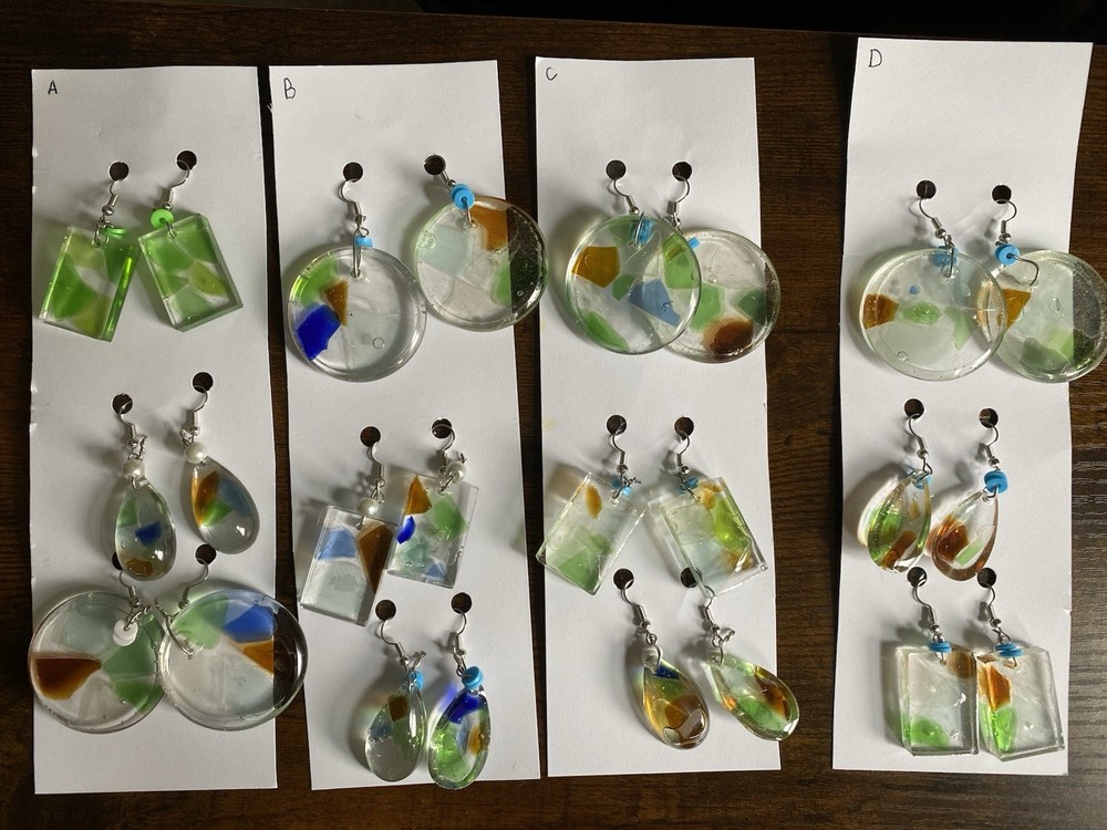 3 Pairs Resin Multicolor Beach Glass Silver Plated Dangle Lobe Earrings w Beads