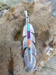 Southwest Feather Sterling Silver Mixed Gemstones Opal Pendant Handcrafted NEW