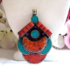 HANDMADE TIBETAN TURQUOISE AND CORAL 925 STERLING SILVER PENDANT-2.4″ X 1.5″