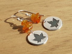 OOAK Autumn Leaf Earrings, Handmade Sterling Silver, Amber accents