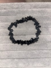 Natural Black Tourmaline Gemstone Tumbled Pebble & Chip Beaded Stretch Bracelet
