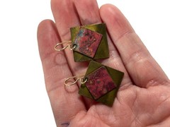 Brass Copper Dangle Earrings Geometric Square Red Patina Artisan