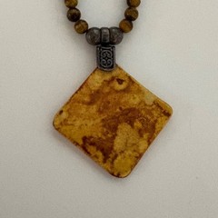 Tigers Eye Beaded Necklace Textured Square Pendant Boho Artisan Jewelry 18 in