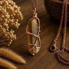 Smoky Quartz Point Pendant Copper Wire Wrapped Natural Crystal Boho Necklace