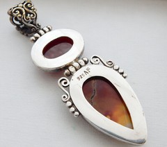 Two Stone 925 Sterling Silver Red-Brown Jasper, Carnelian Sard Pendant w Hinges