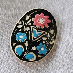 Handcrafted Silver Plated Cut Copper Hand Engraved Oval Floral Pin By Tony #T1