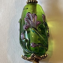 Artisan Lampwork Green Glass Floral Pendant Purple Raised Flowers 2.5” OOAK