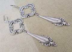 Victorian Goth Earrings, Large Antique Silver Tone Quatrefoil Medieval Jewelry