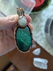 Oval Russian Malachite & Moonstone Copper Wire Pendant With Copper Chain