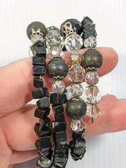 Silver Tone Black Clear Glass Stone Bead Memory Wire Wrap Bracelet