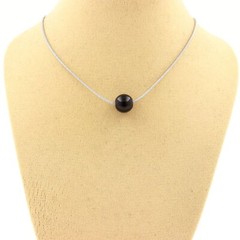 Necklace 1 Black Agate Pearl 8 Mm. Stainless Steel Chain. Women’s Necklace, H