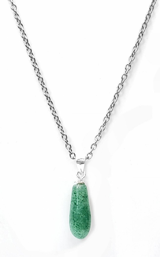 Lite Aventurine Gemstone Drop Necklace in White Metal, 15x7x4mm