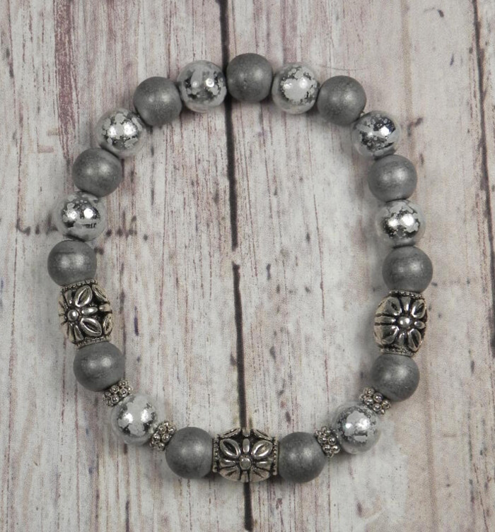 Foil Glass Matte Silver Clay Metal Spacer Stretch Bracelet Handmade 7.5″