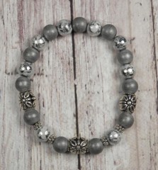 Foil Glass Matte Silver Clay Metal Spacer Stretch Bracelet Handmade 7.5″