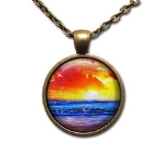 Ocean Nature Sunset Beach Scene – Handmade Round Glass Pendant Necklace