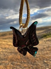 Hand Blown Art Glass Butterfly Pendant – Black & Teal