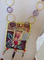 Handmade Crocheted art Necklace Cotton Fabric embroidered crocheted+ Beads