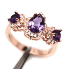Dainty Amethyst 6x7mm Gemstone & CZ Pave Ring 925 Rose Gold Plated Size 5.75
