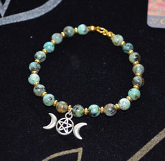 Triple Moon Goddess & Turquoise Bracelet Wiccan Lunar Occult Witchy Jewelry Gift
