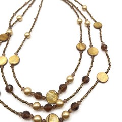 Golden Yellow Brown Mother of Pearl Seed Bead 3 Multi Strand Necklace 18″