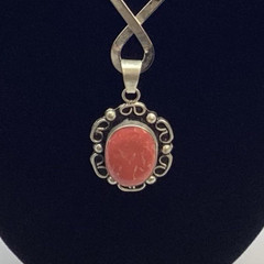 Mexico Branded Silver Necklace Pink Coral Cabashon With Matching Earrings NWOT