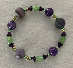 Pretty Purple & Green Gemstone & Glass Beaded Stretch Bracelet 7.5”