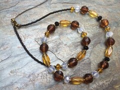 Handmade Necklace Brown, Yellow, Black and Clear Glass with Bronze Spacer Beads