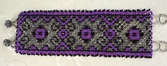 Handmade Beaded Cuff Bracelet Glass Purple Black Silver 6.5 in