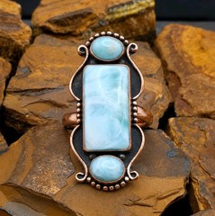 Large Larimar Statement Ring Solid Copper Boho Southwestern Adj Size 8-13