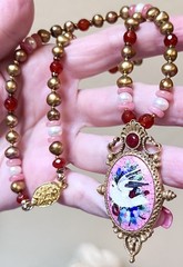 LOVELY Gold-Fill Rhodochrosite, Carnelian, Pearl Victorian Dove, Floral Necklace