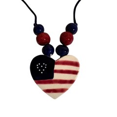 Patriotic American Flag Ceramic Heart Pendant Necklace Red White Blue Beads