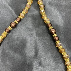 Brown and Gold Beaded Statement Necklace 18″ Various Types Of Beads/ 2 Glow