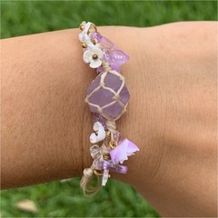 Handmade Braided Cord Bracelet Purple Oval crystal Beaded Dangle Charm Boho