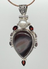 Brown Purple Agate Pendant with Biwa Pearl and Garnets in Silver