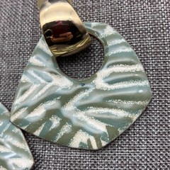 Dangle Hoop Pierced Earrings Fired Glass Enamel Gold Cream Olive Green Retro
