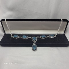 Sterling Silver 925 Carved Blue Topaz-Style Leaf Necklace Handmade
