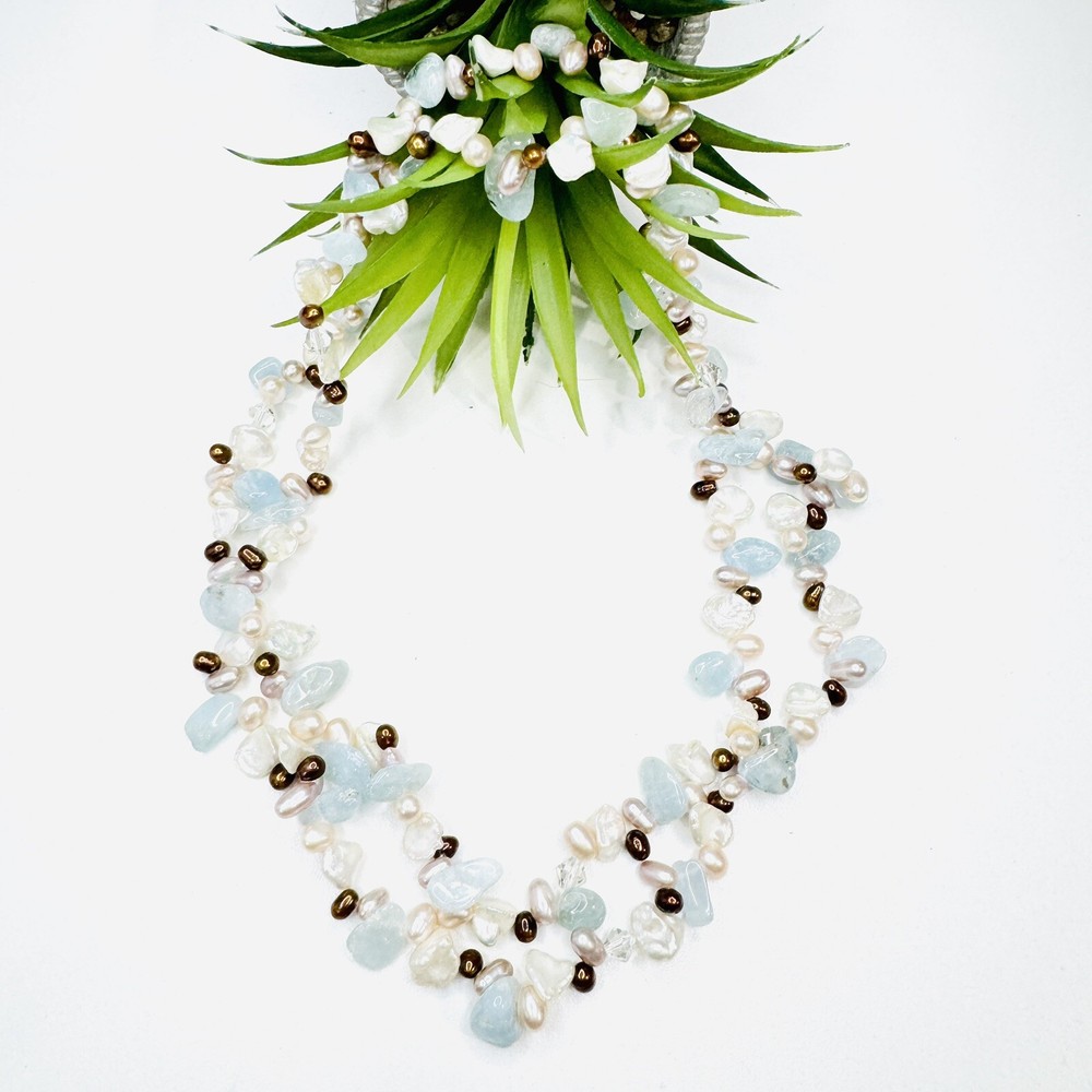 Handmade Pink, Purple, Bronze and White Genuine Pearl and Blue Quartz Necklace
