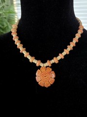 Hand-Carved Natural Wood Beaded Flower Pendant Necklace 16″ Orange